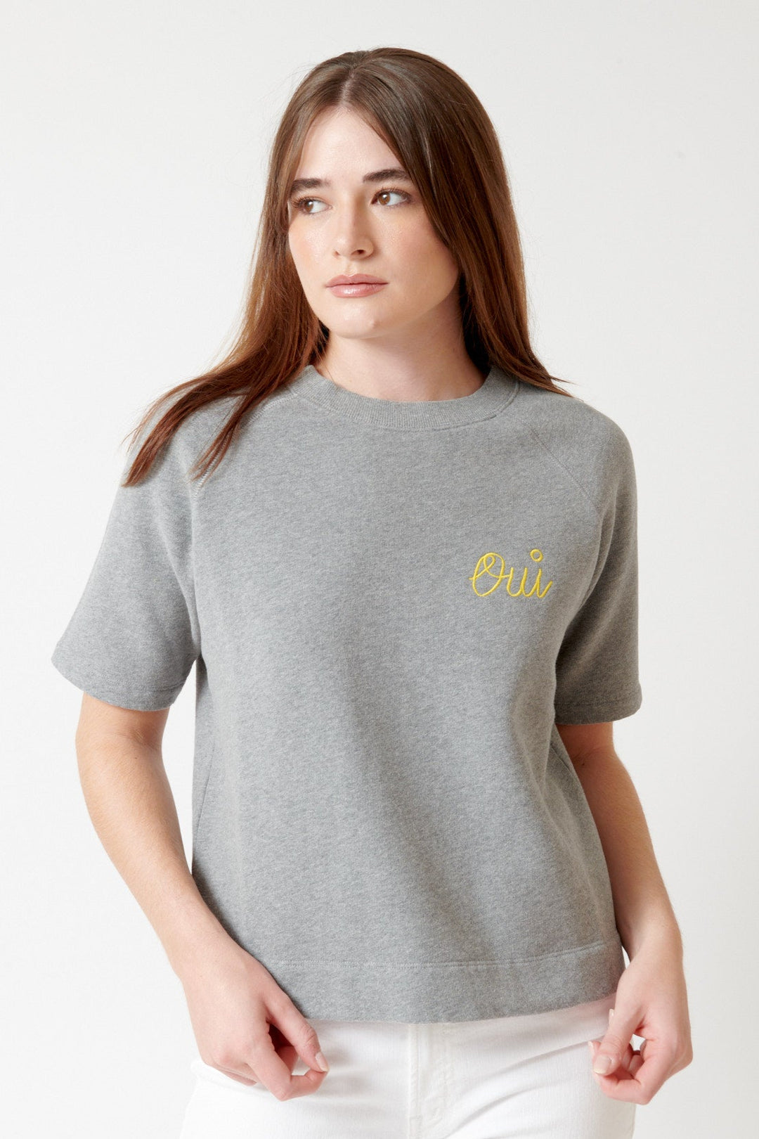 Julia wearing Clare V. Short Sleeve Sweatshirt front view