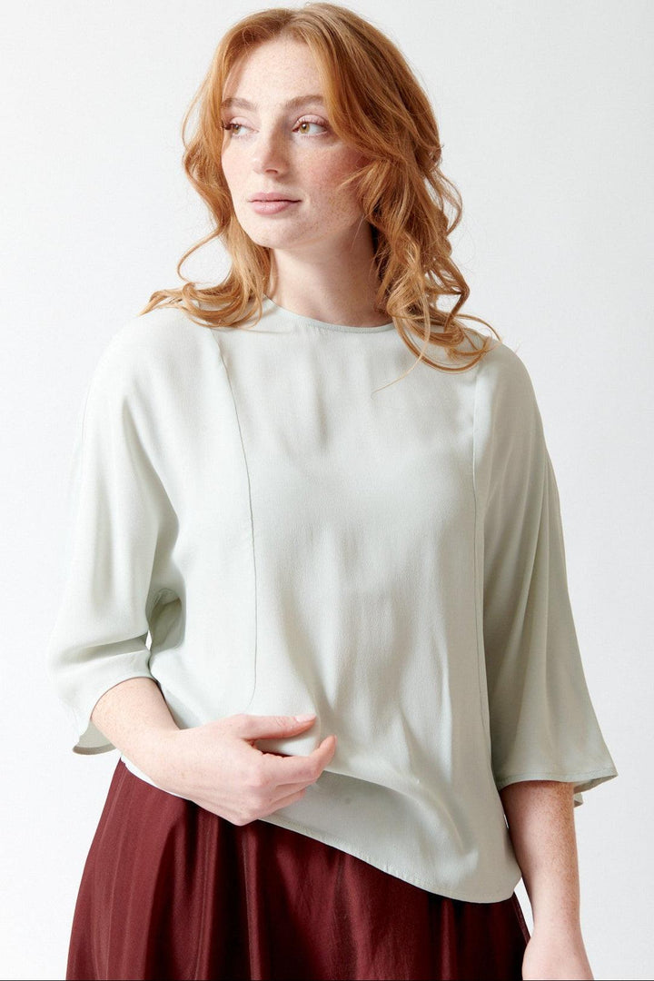 Waverly wearing Meimeij Acetate Silk Keyhole Back Top front view