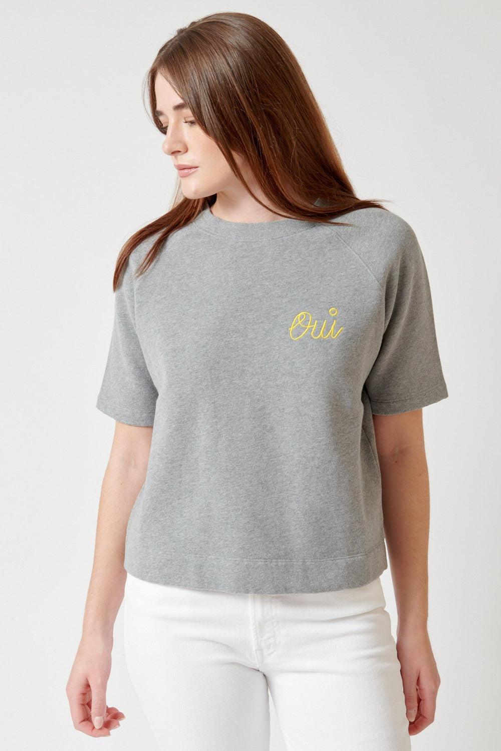 Julia wearing Clare V. Short Sleeve Sweatshirt front view