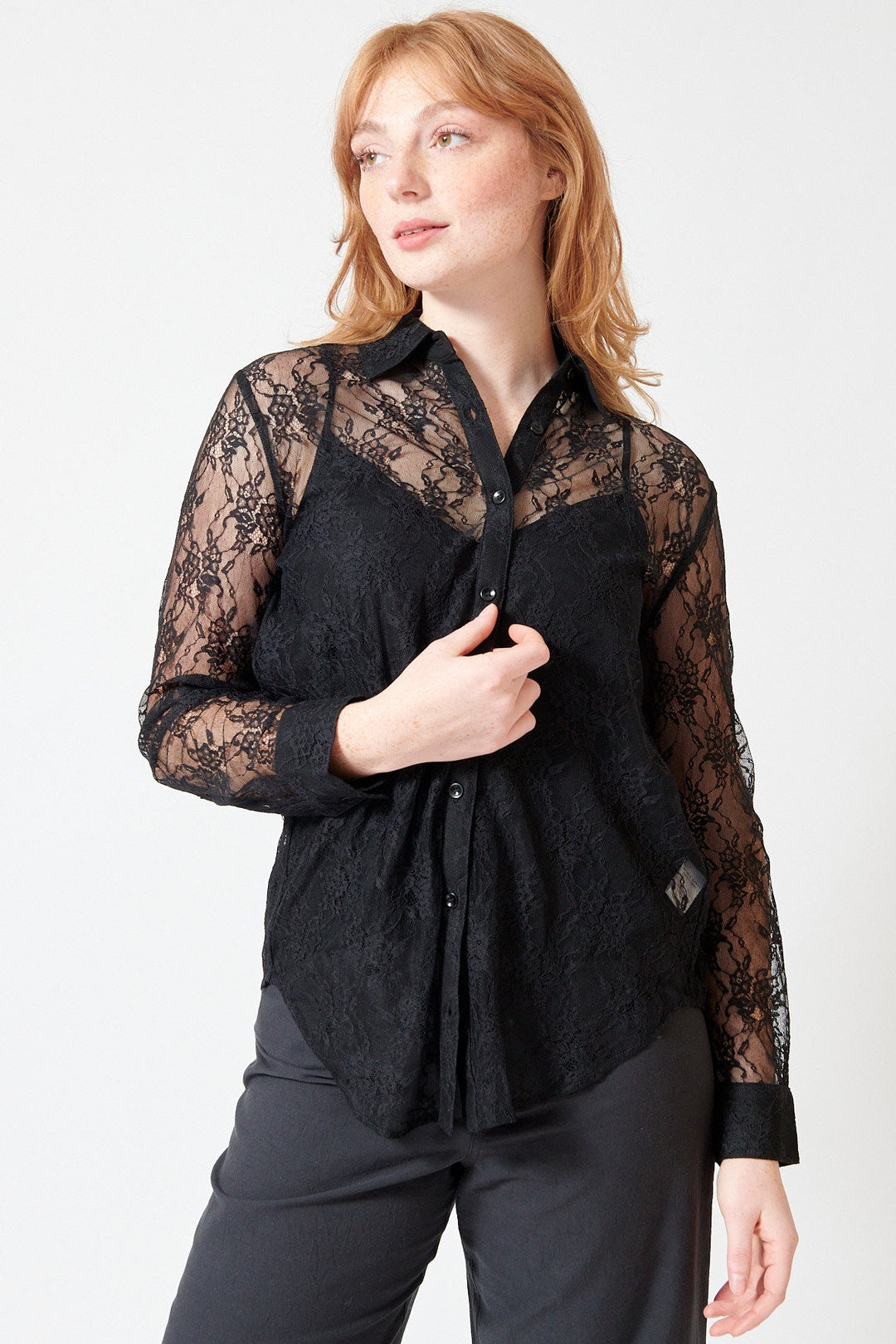 Waverly wearing Apiece Apart Alva Button Up front view