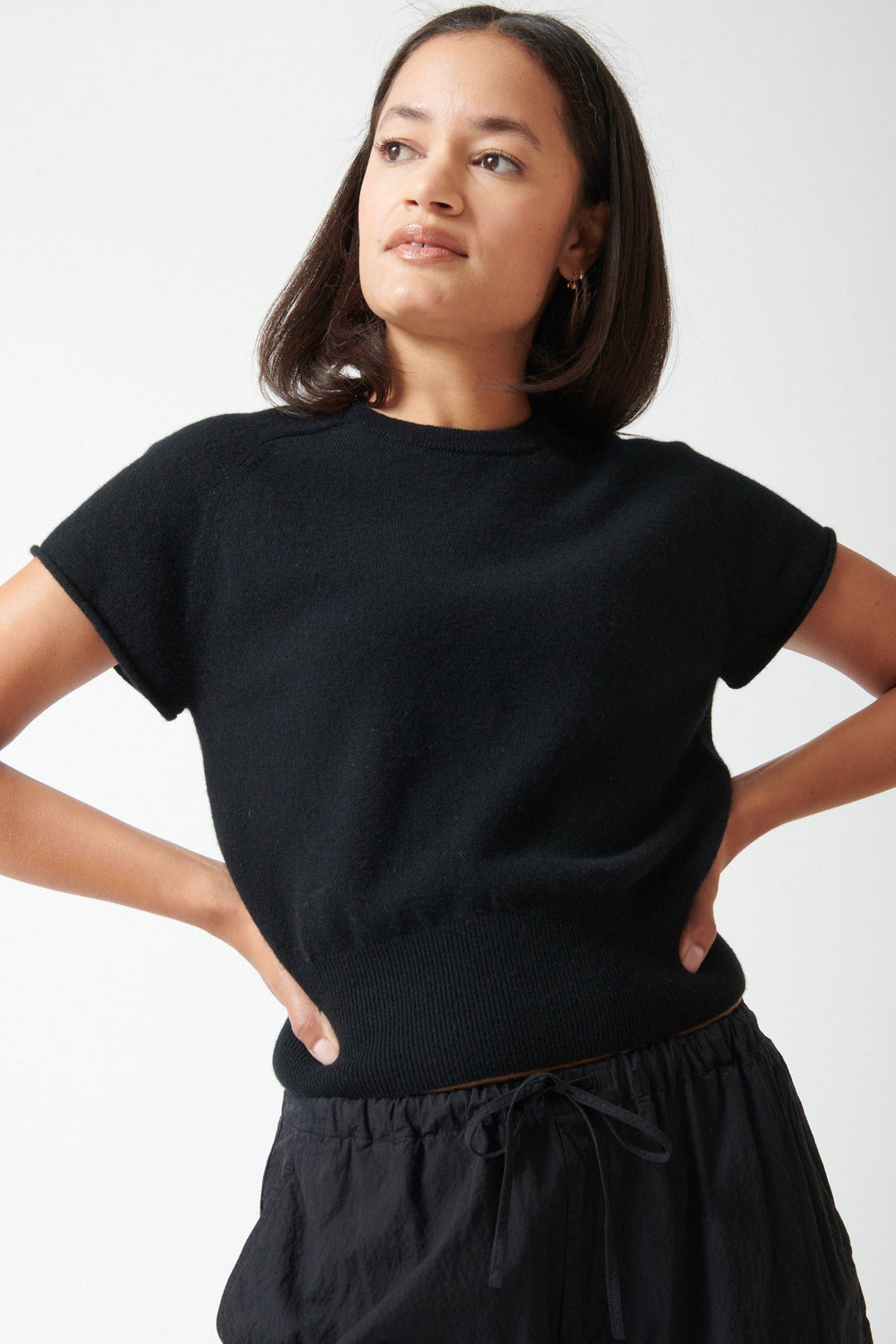Amanda wearing Sablyn Joani Saddle Raglan Crewneck Tee front view