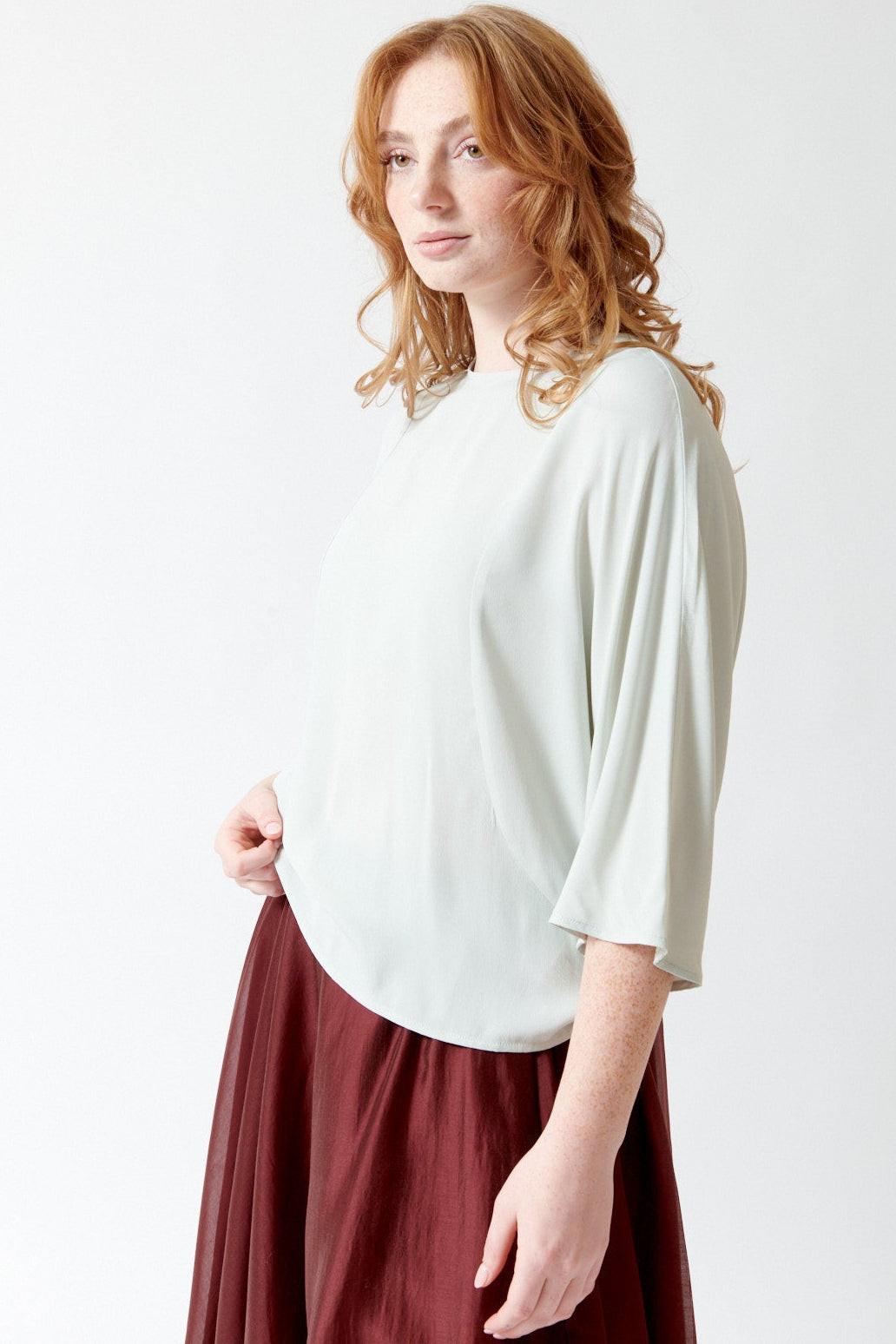 Waverly wearing Meimeij Acetate Silk Keyhole Back Top front view