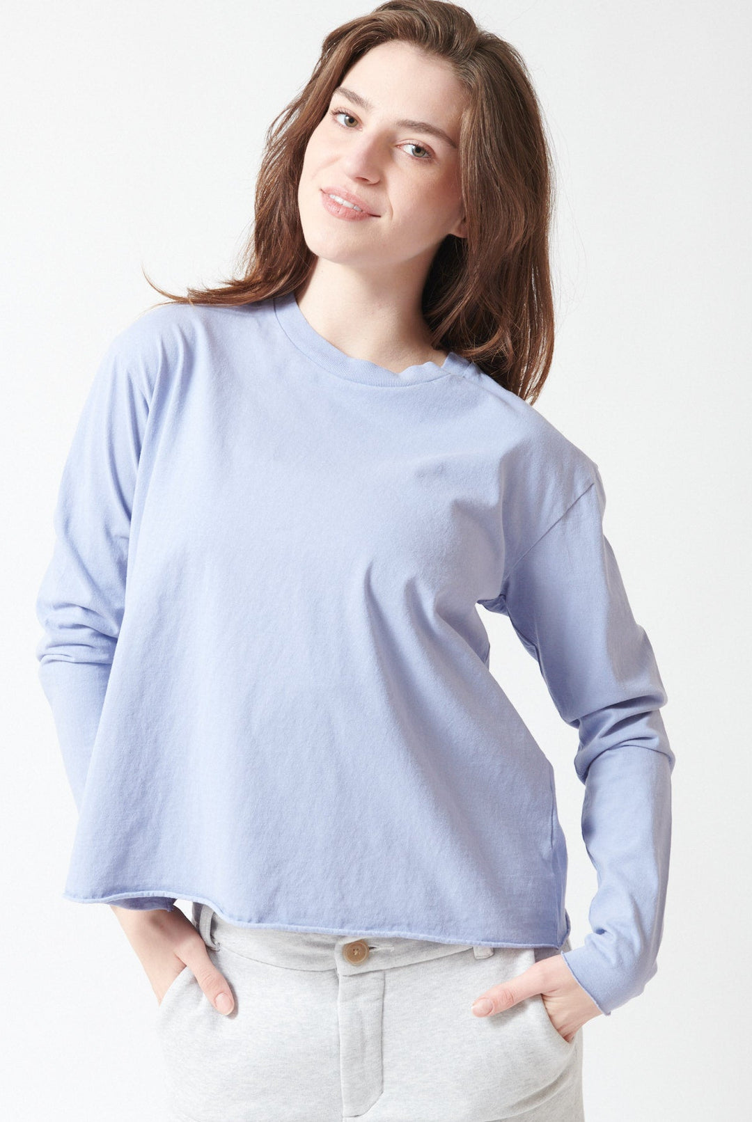 Sophie wearing Frank & Eileen Peyton Crew Long Sleeve Tee front view