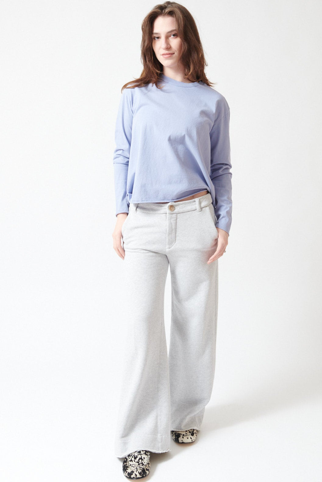 Sophie wearing Frank & Eileen Riley Wide Trouser Sweatpant front view
