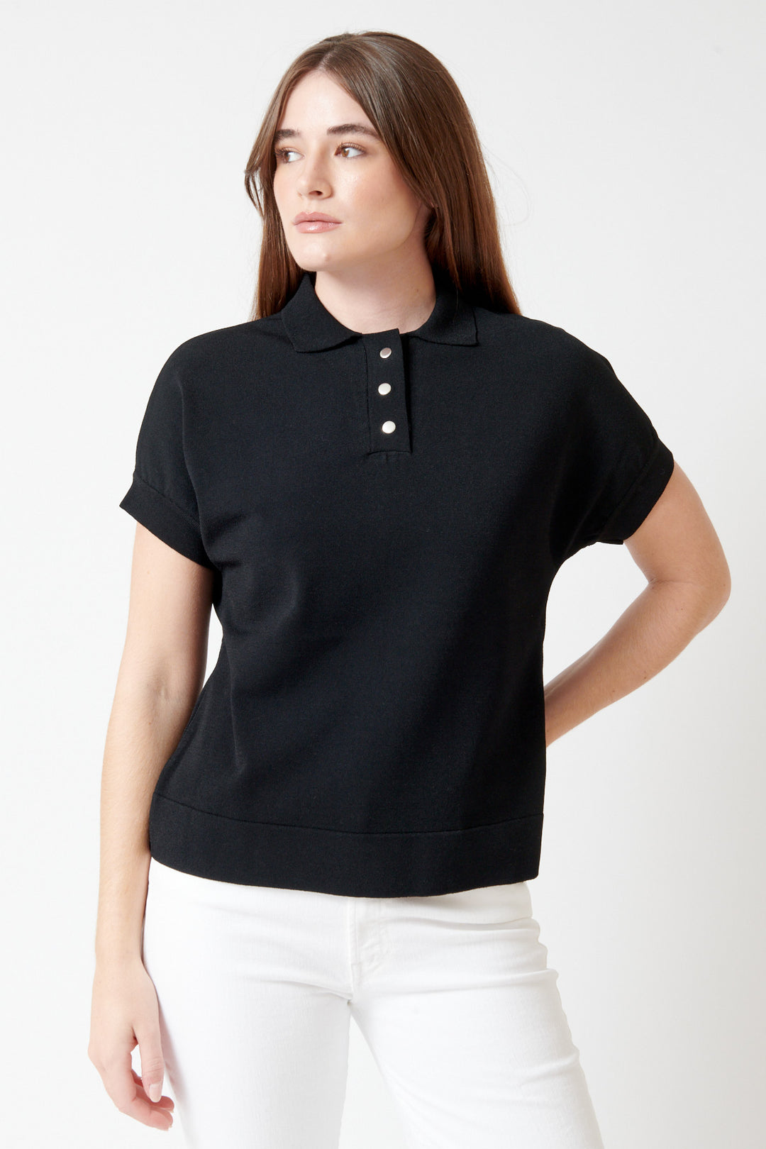 Julia wearing Base Snap Front Knit Polo Top front view