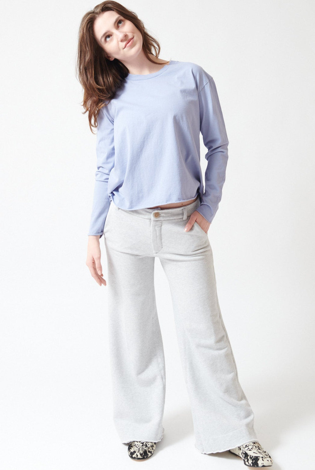 Sophie wearing Frank & Eileen Riley Wide Trouser Sweatpant front view