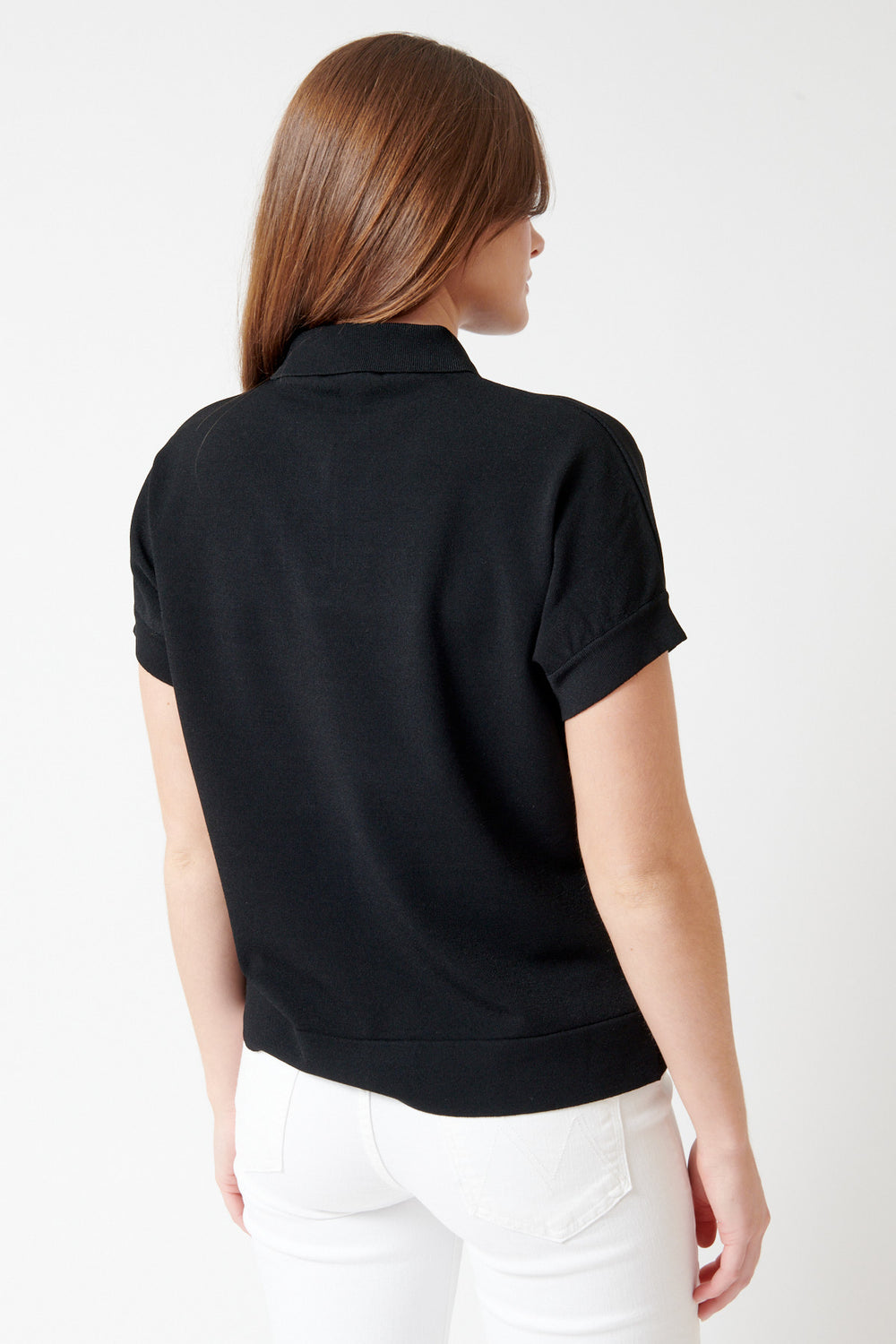 Julia wearing Base Snap Front Knit Polo Top rear view
