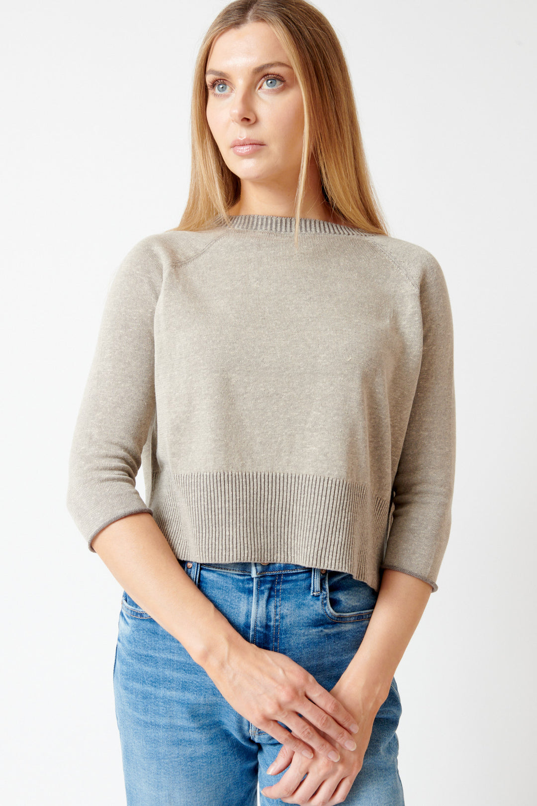 Mari wearing Base Cropped Mid Sleeve Lightweight Cotton Linen Sweater front view