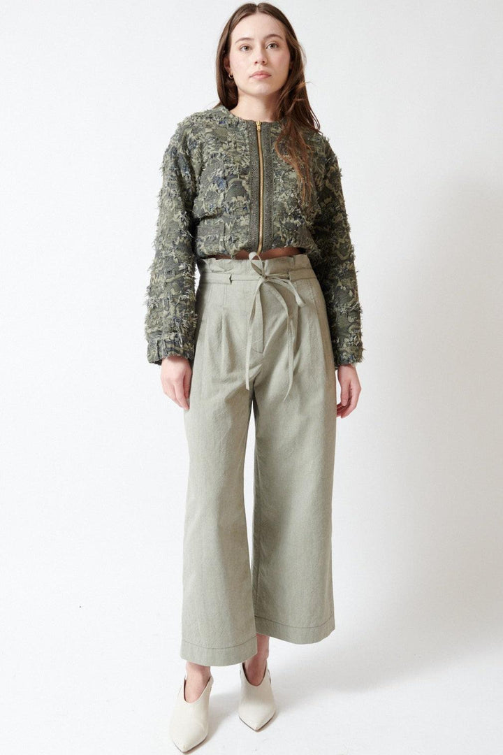 Angela wearing Odeeh Crinkled Oxford Pants front view