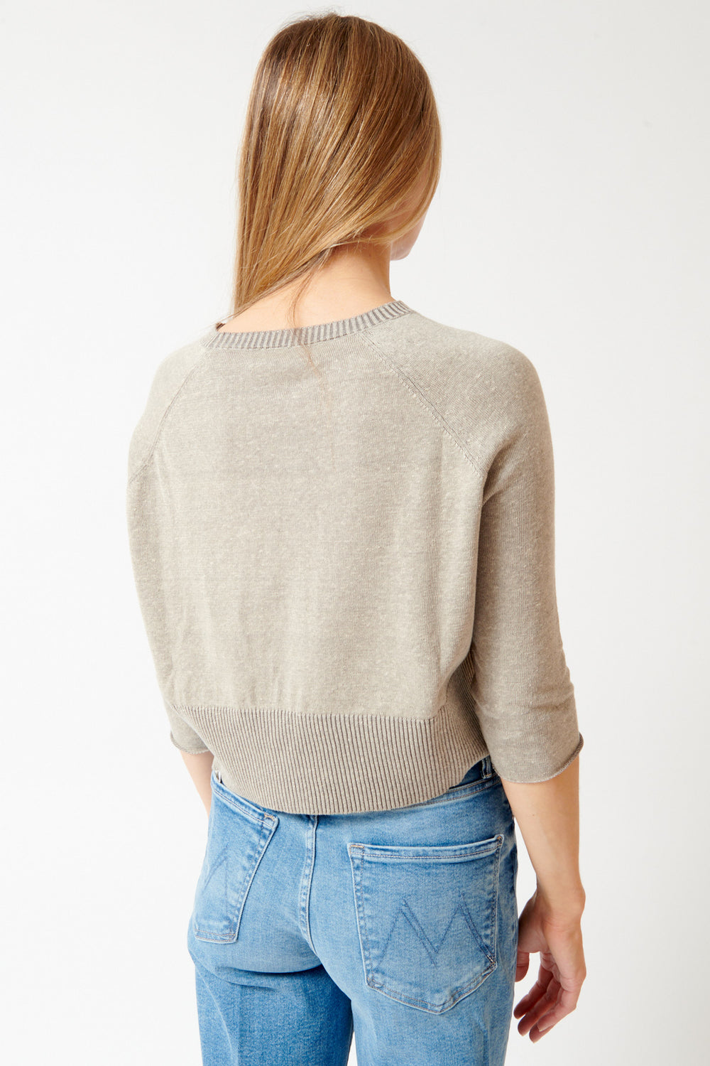 Mari wearing Base Cropped Mid Sleeve Lightweight Cotton Linen Sweater rear view