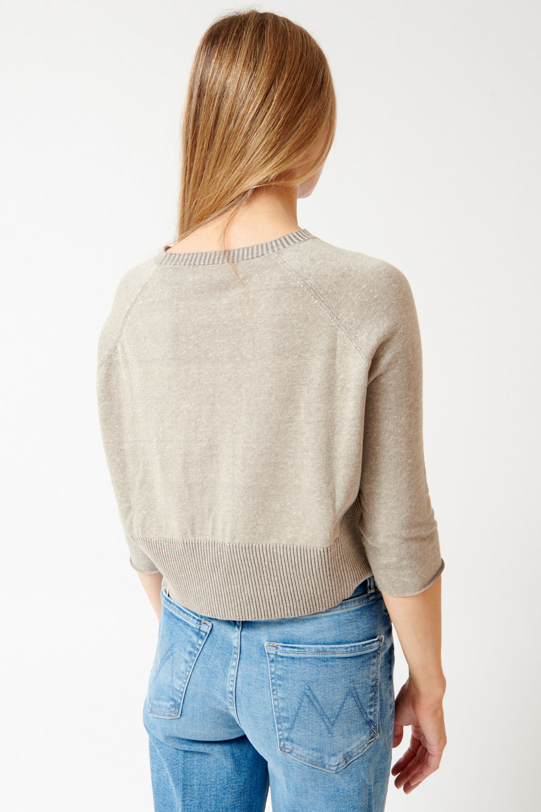 Mari wearing Base Cropped Mid Sleeve Lightweight Cotton Linen Sweater rear view