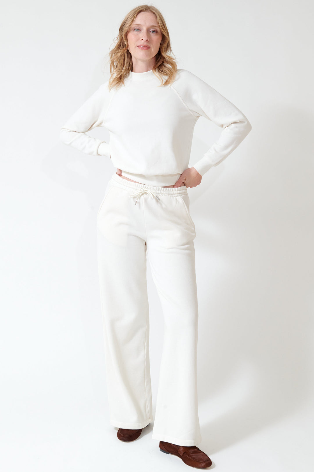 Madi wearing SPRWMN Baggy Sweatpants front view