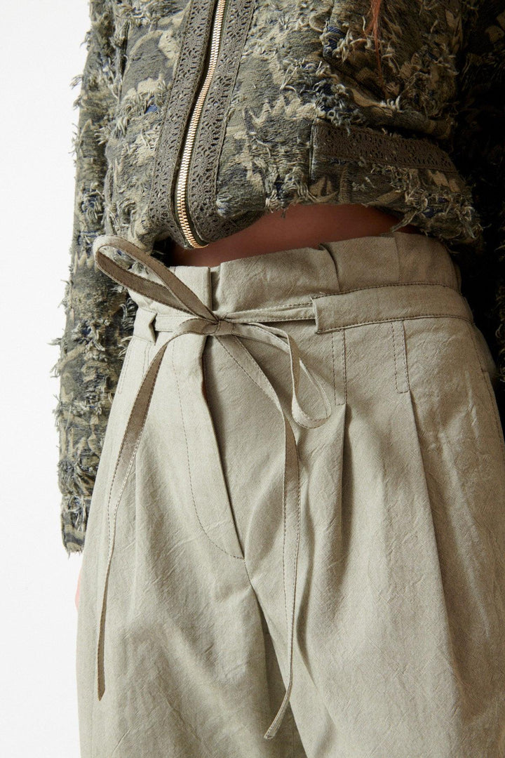 Angela wearing Odeeh Crinkled Oxford Pants front/detail view
