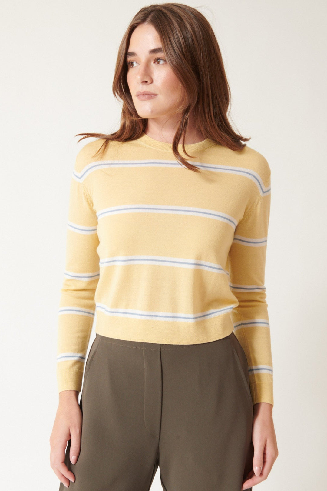 Julia wearing LESET James Stripe Classic Crew Pullover front view