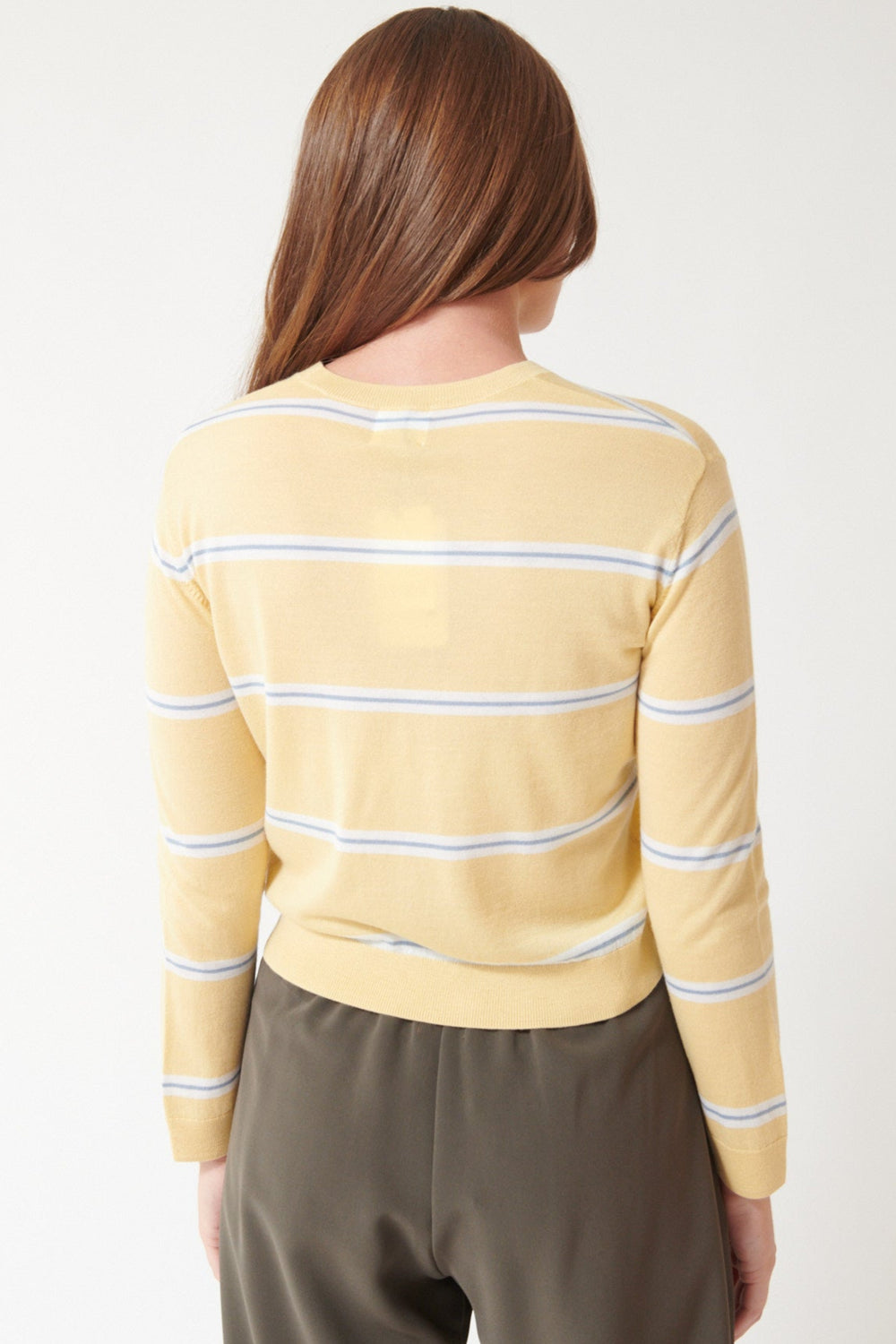 Julia wearing LESET James Stripe Classic Crew Pullover rear view