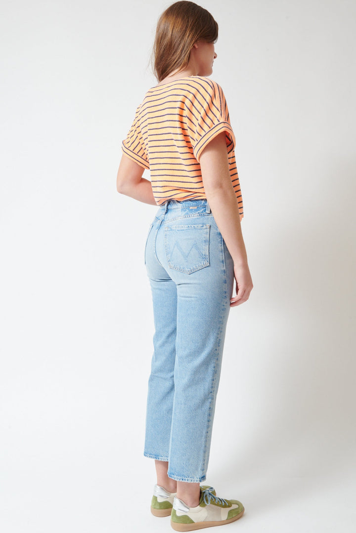 Julia wearing Mother Denim The Rambler Zip Flood rear view