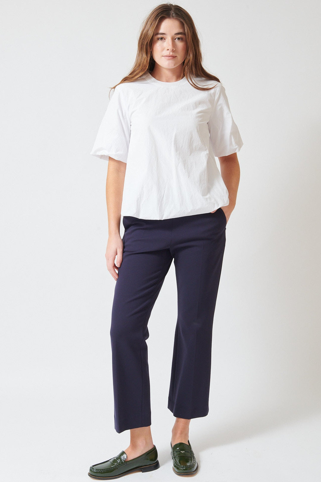 Julia wearing Odeeh Compact Jersey Side Zip Pant front view
