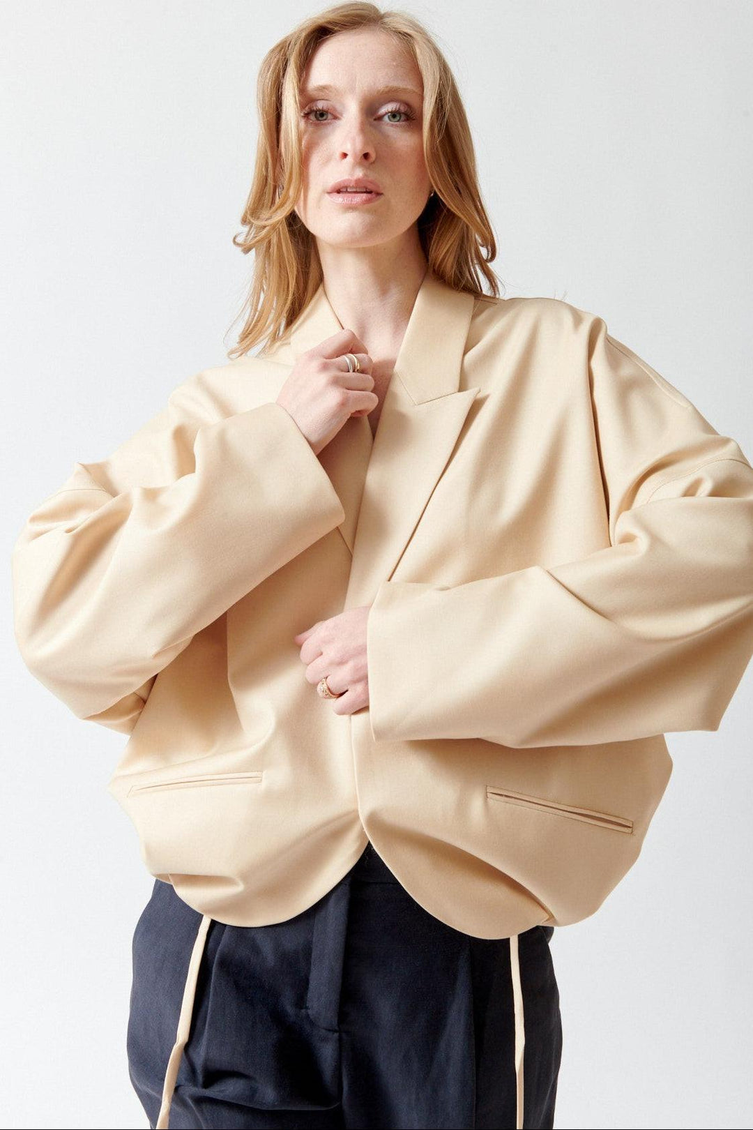 Madi wearing 6397 Relaxed Cardigan Blazer front view
