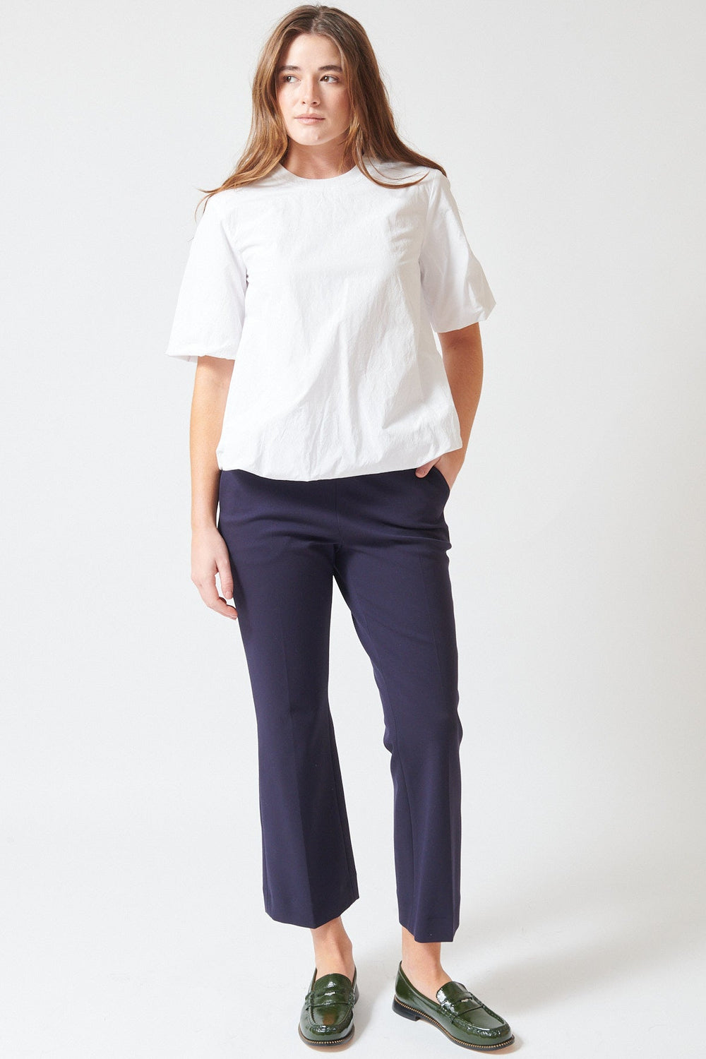Julia wearing Odeeh Compact Jersey Side Zip Pant front view