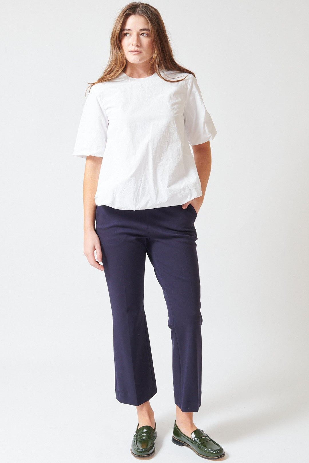Julia wearing Odeeh Compact Jersey Side Zip Pant front view
