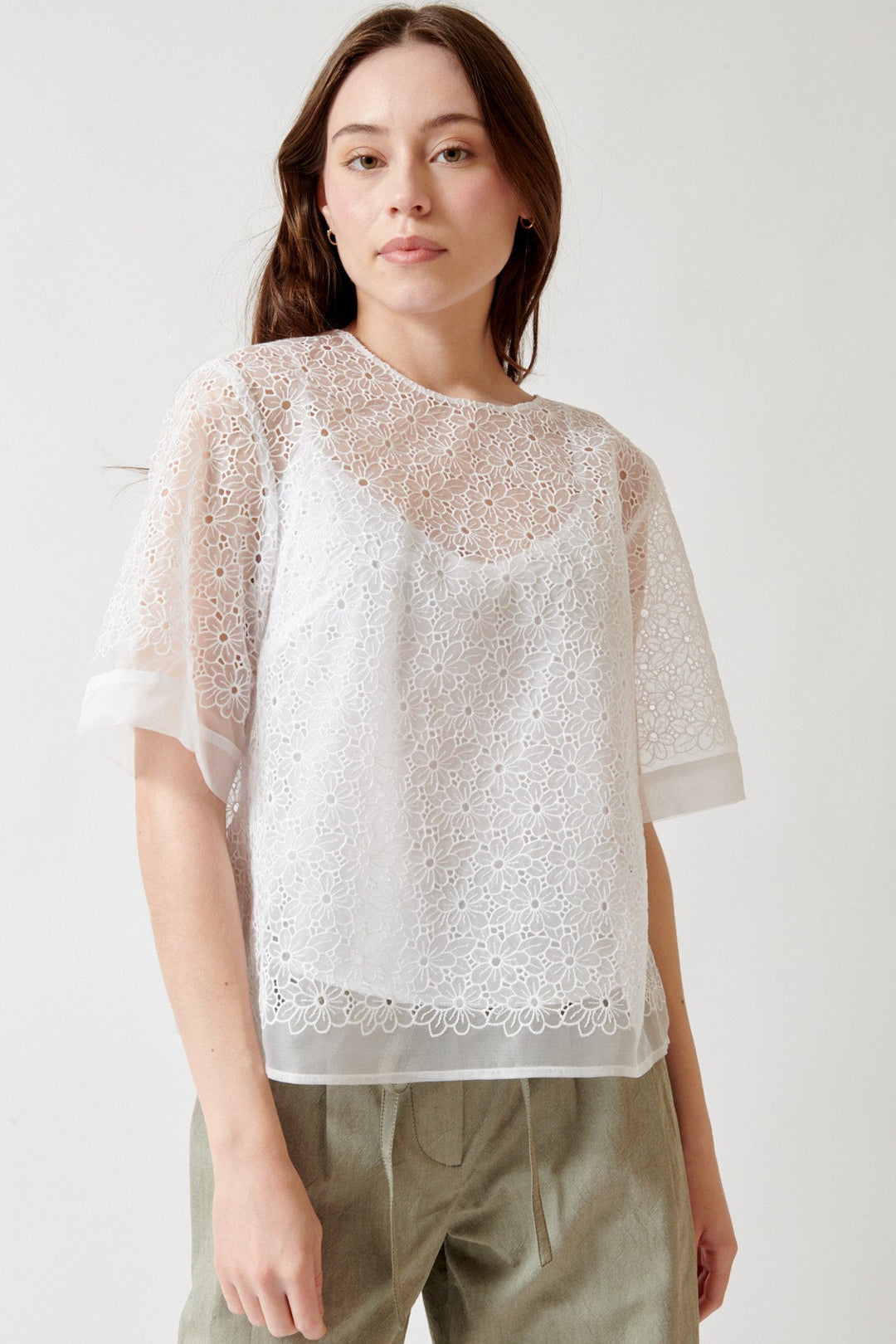 Angela wearing P.A.R.O.S.H. Shake Blouse front view