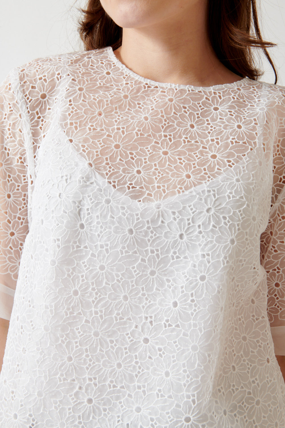 Angela wearing P.A.R.O.S.H. Shake Blouse front/detail view