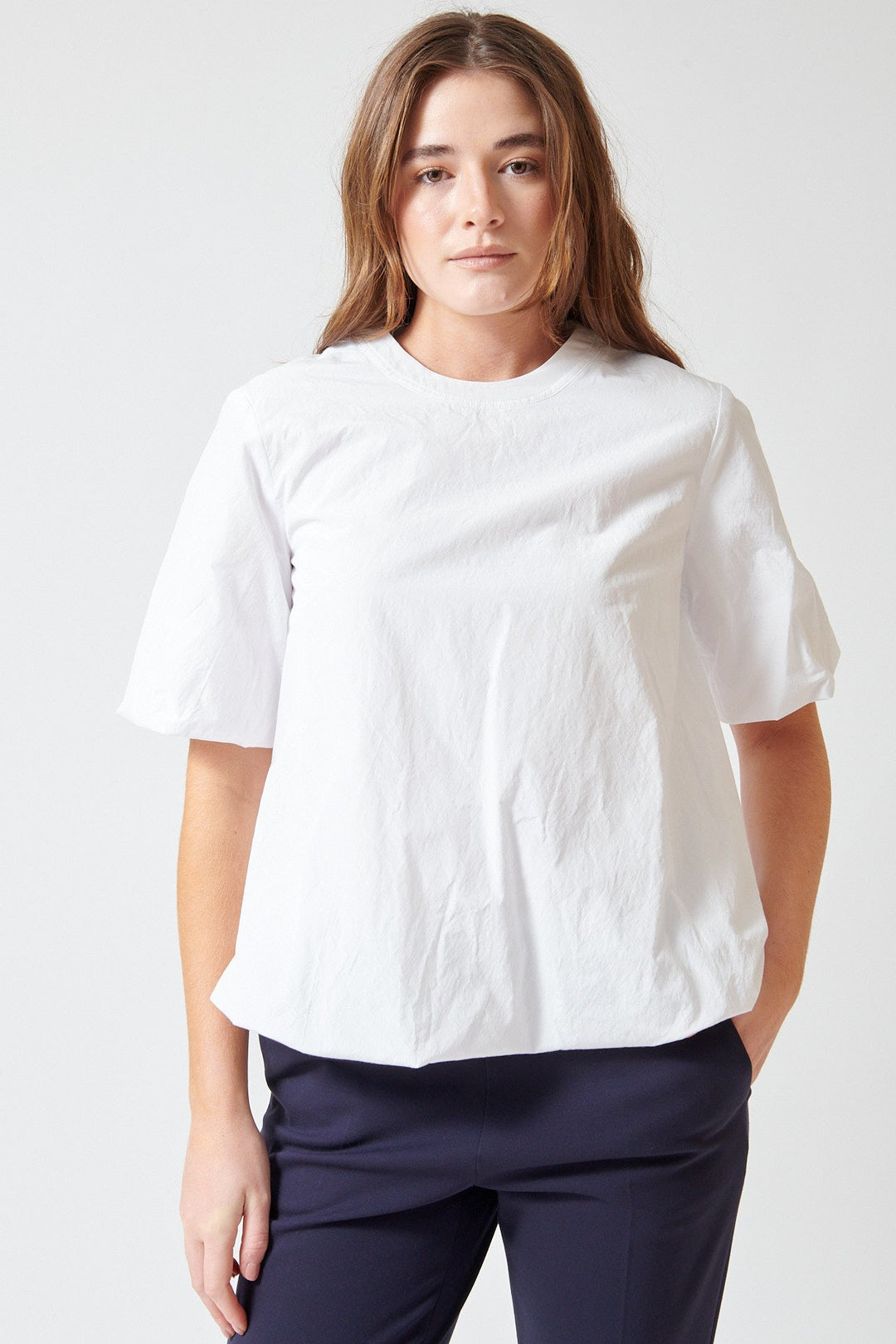 Julia wearing Odeeh Techno Cotton Billow Top front view