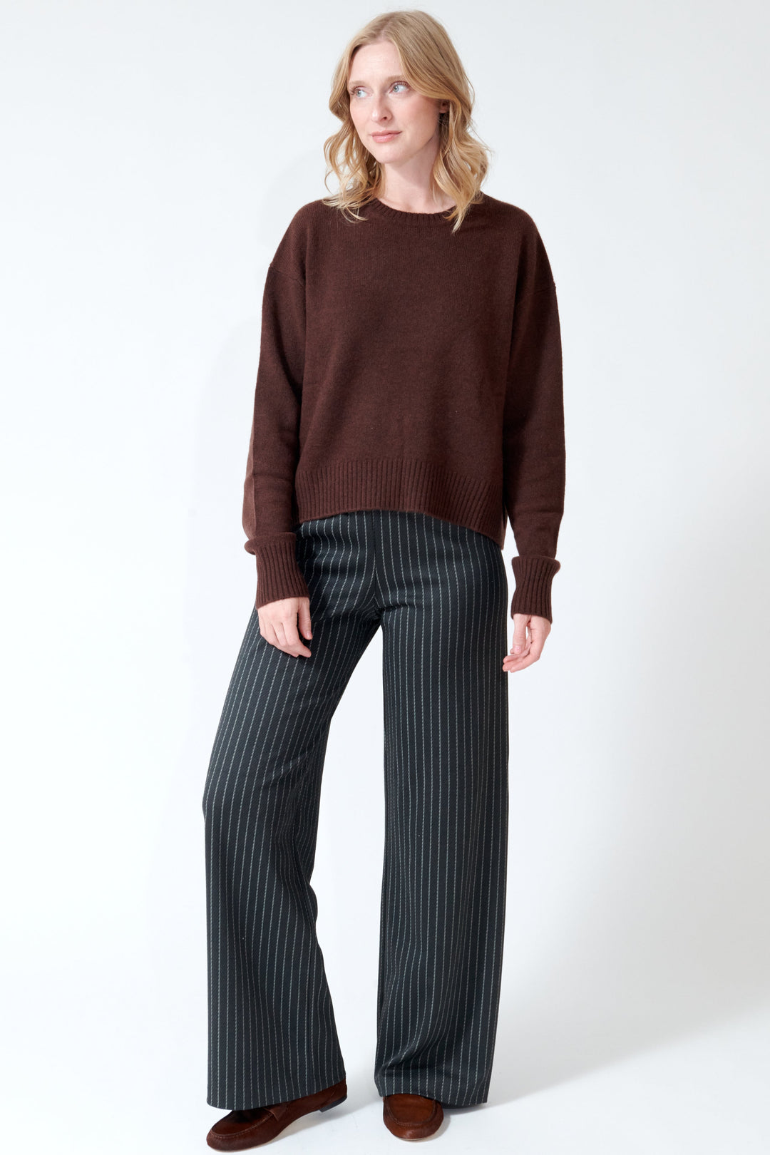 Madi wearing SPRWMN Wide Leg Easy Pants front view
