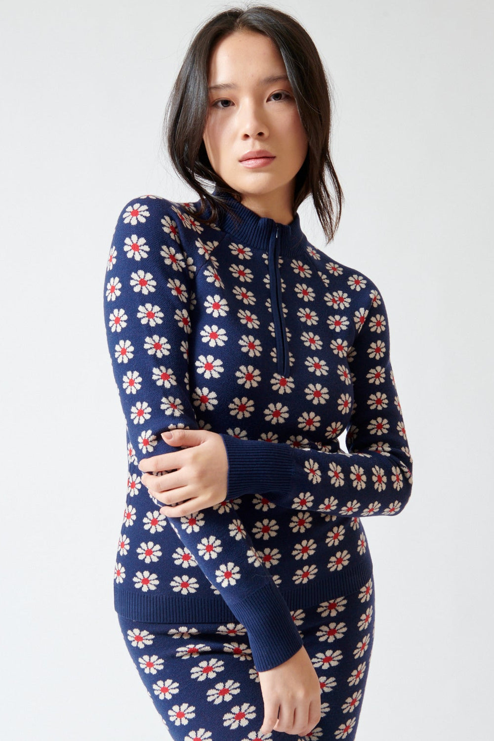 Lilly wearing The Great The Merino Quarter Zip front view