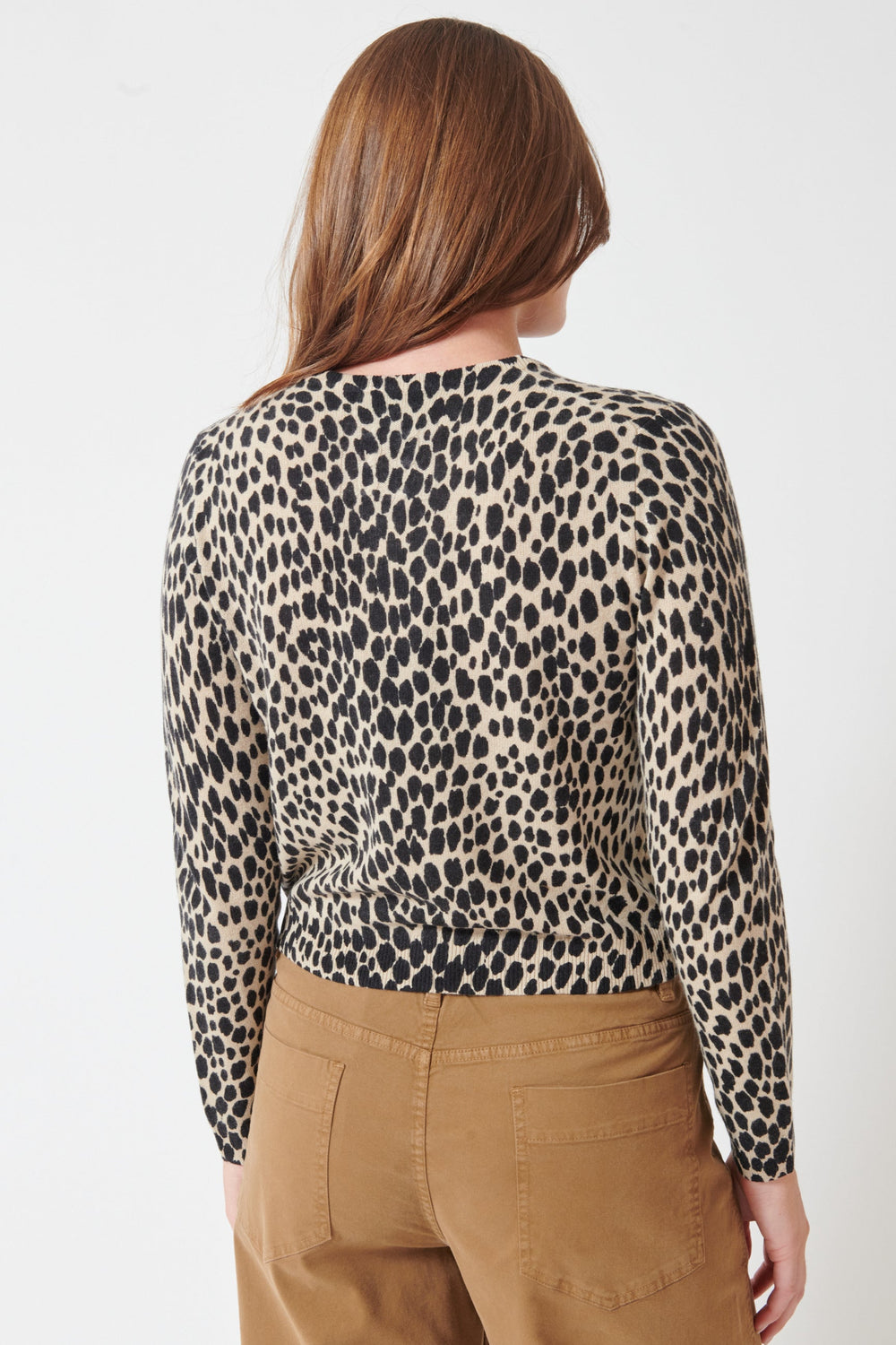 Julia wearing Nili Lotan Laevin Printed Sweater rear view