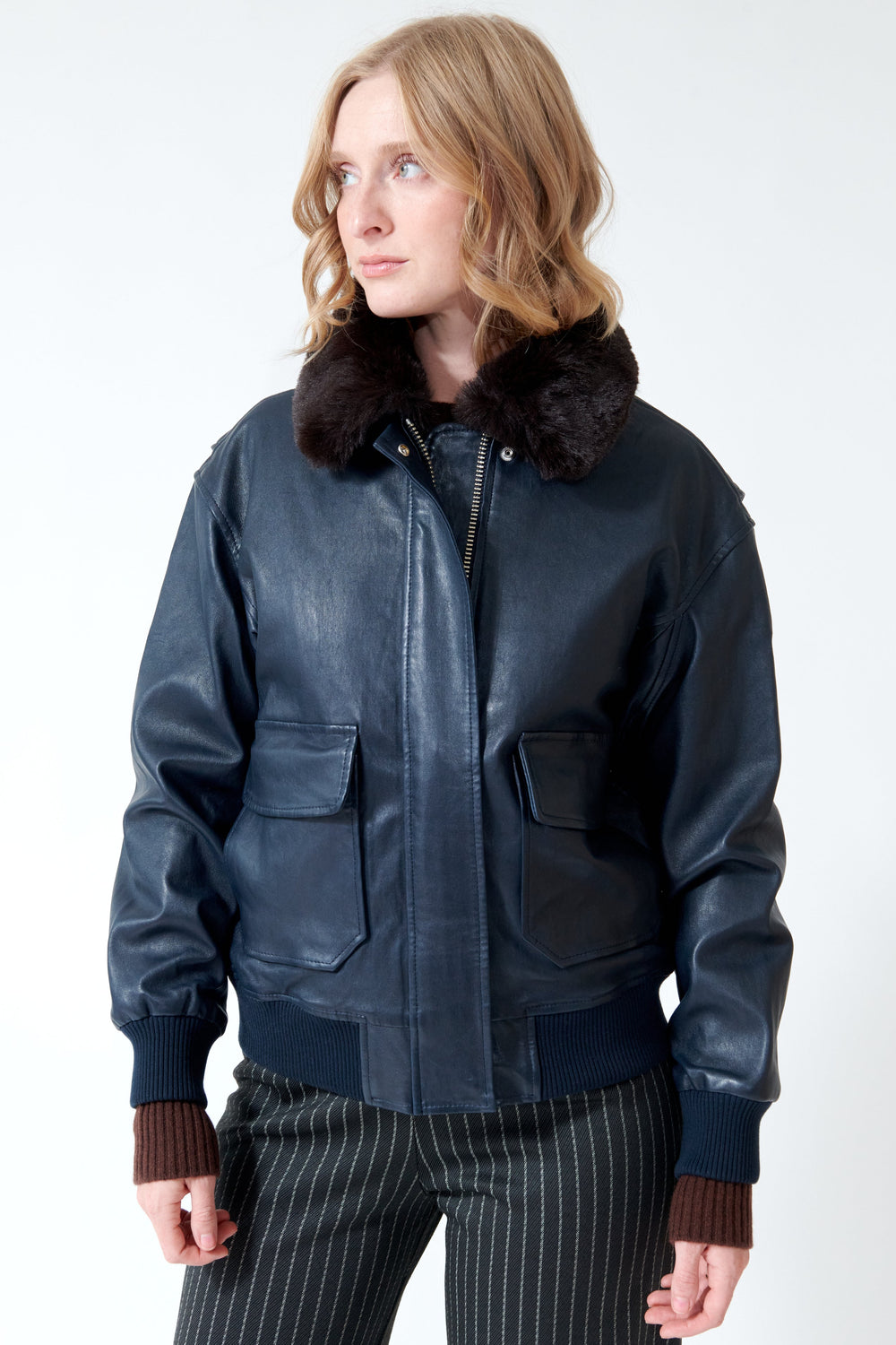 Madi wearing SPRWMN Vintage Aviator With Faux Fur Collar front view