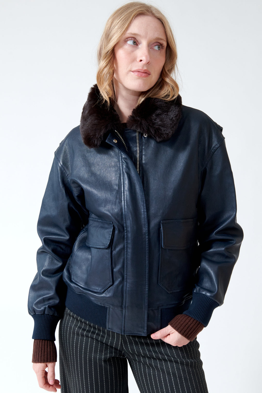 Madi wearing SPRWMN Vintage Aviator With Faux Fur Collar front view