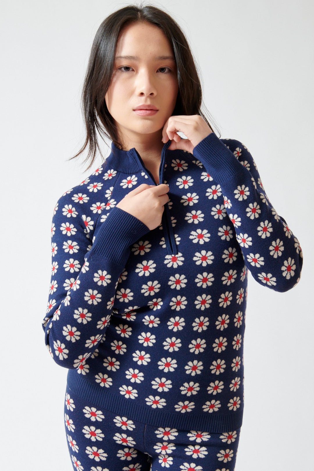 Lilly wearing The Great The Merino Quarter Zip front view