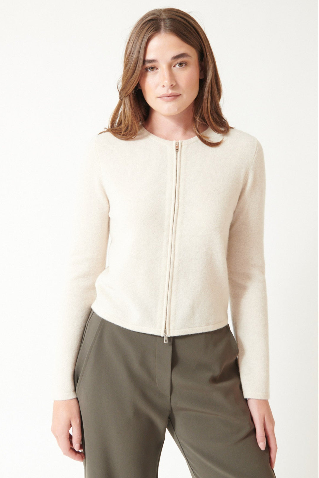 Julia in LESET Jesse Zip Cardigan, front view.