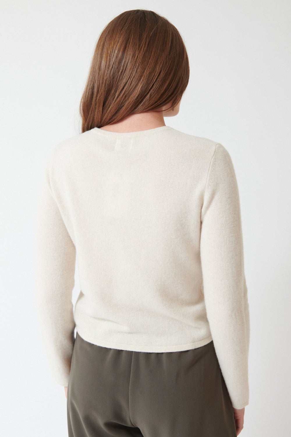 Julia in LESET Jesse Zip Cardigan, back view.