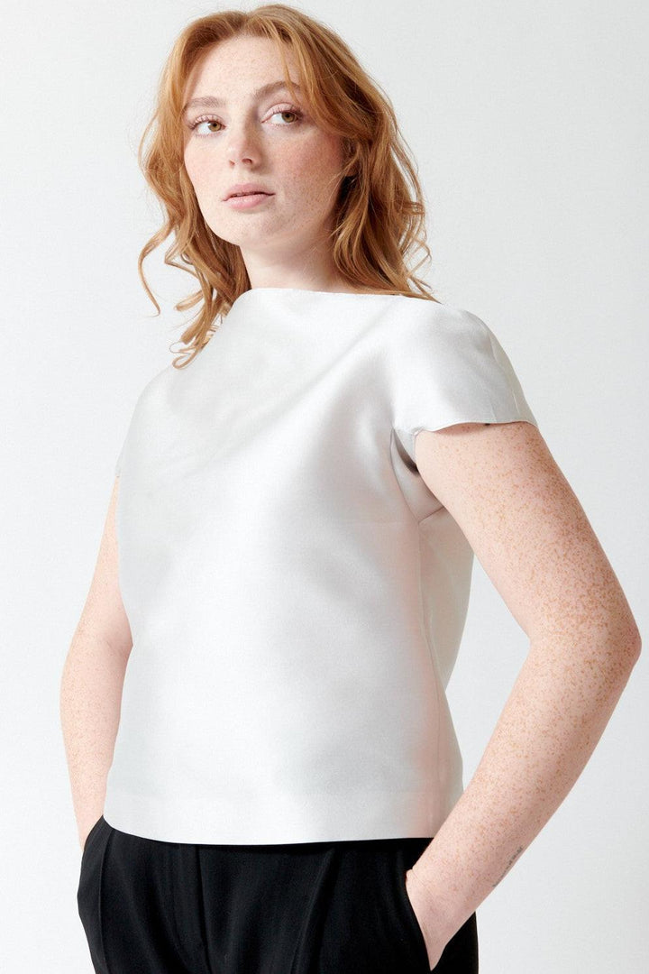 Waverly wearing MM6 Maison Margiela Mikado Short Sleeved Top front view