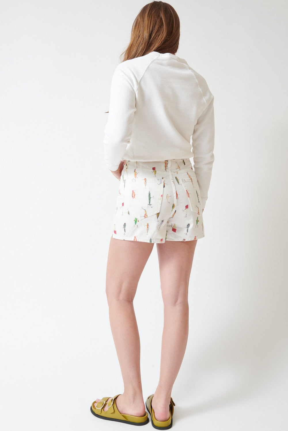 Julia wearing Mother Denim The Dodge Ball Short rear view