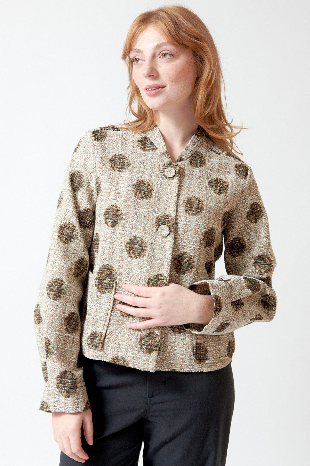 Waverly wearing Odeeh Sun Spots Dotted Jacket front view