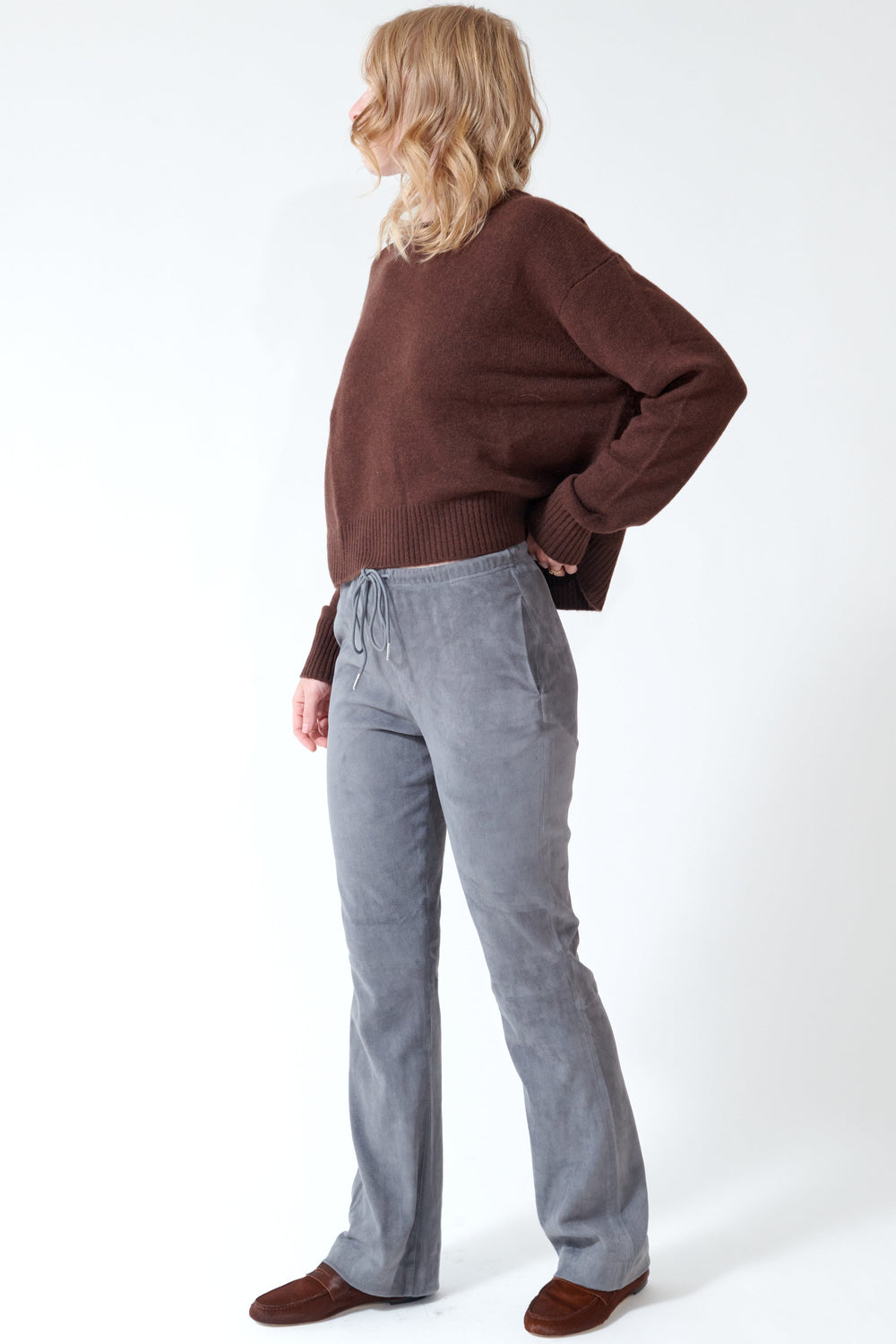 Madi wearing SPRWMN Drawstring Straight Leg Pants side/front view
