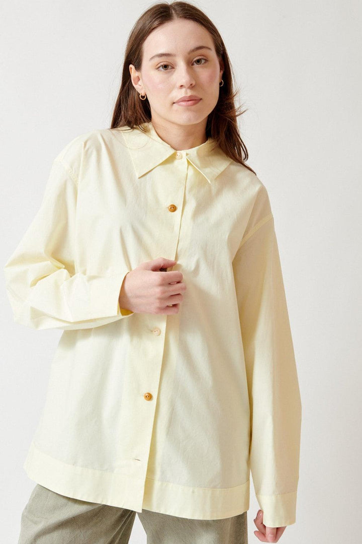Angela wearing OSSOU Cove Shirt front view