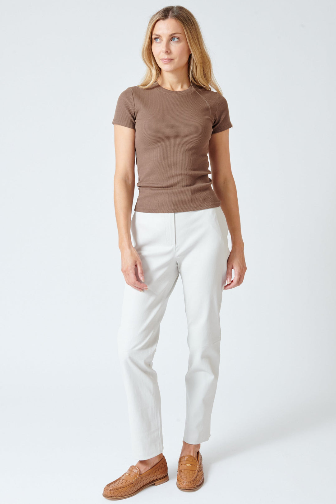 Mari wearing SPRWMN Sophia Cigarette Trousers front view