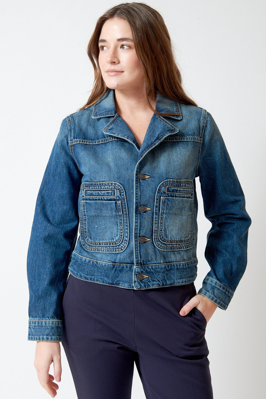 Julia wearing Nili Lotan Georgy Denim Jacket front view