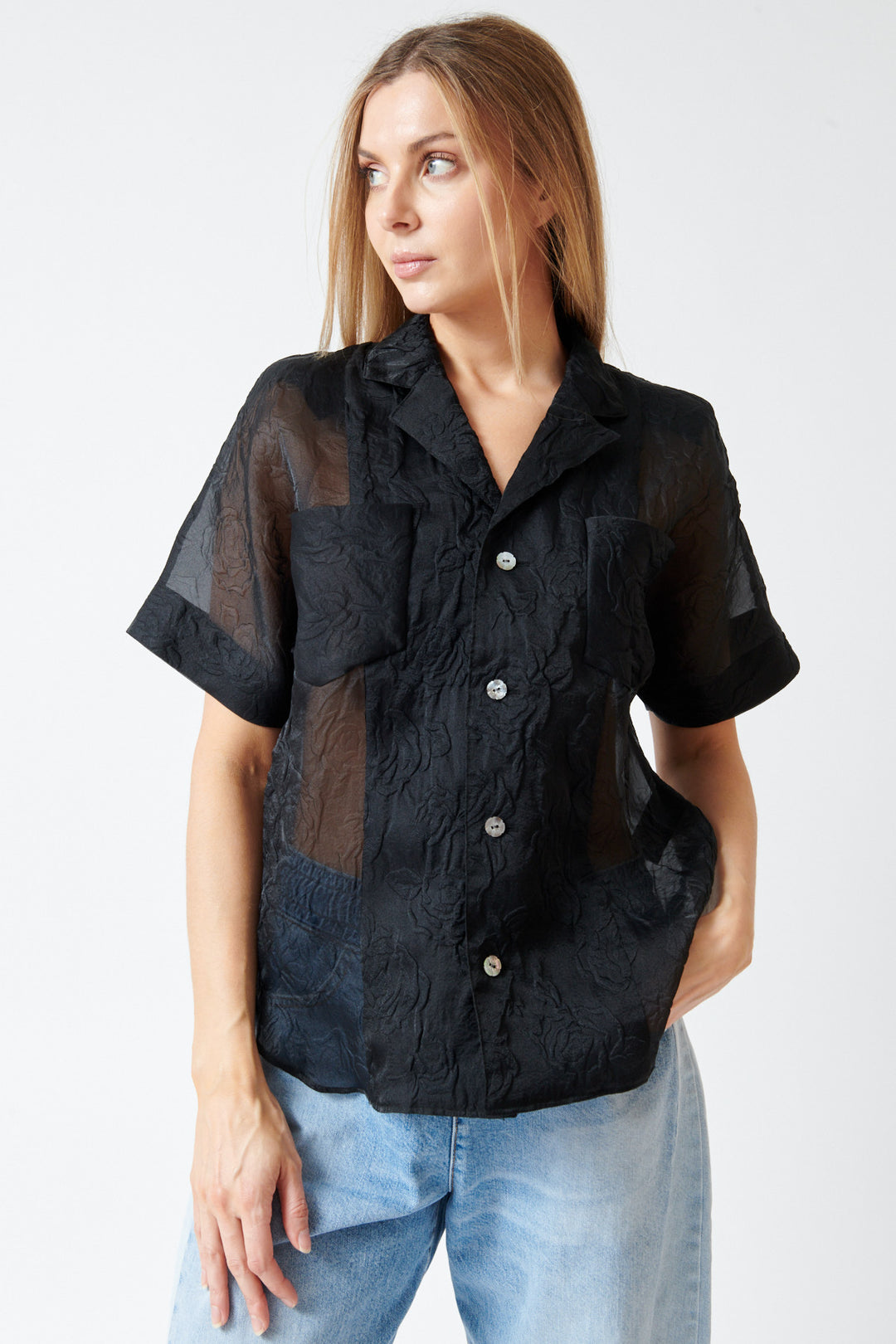 Mari wearing Southern French Shirt Black Rose front view