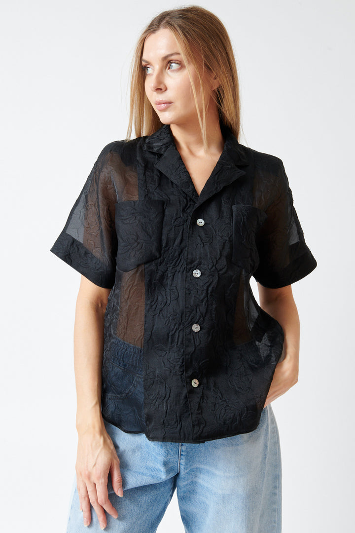 Mari wearing Southern French Shirt Black Rose front view