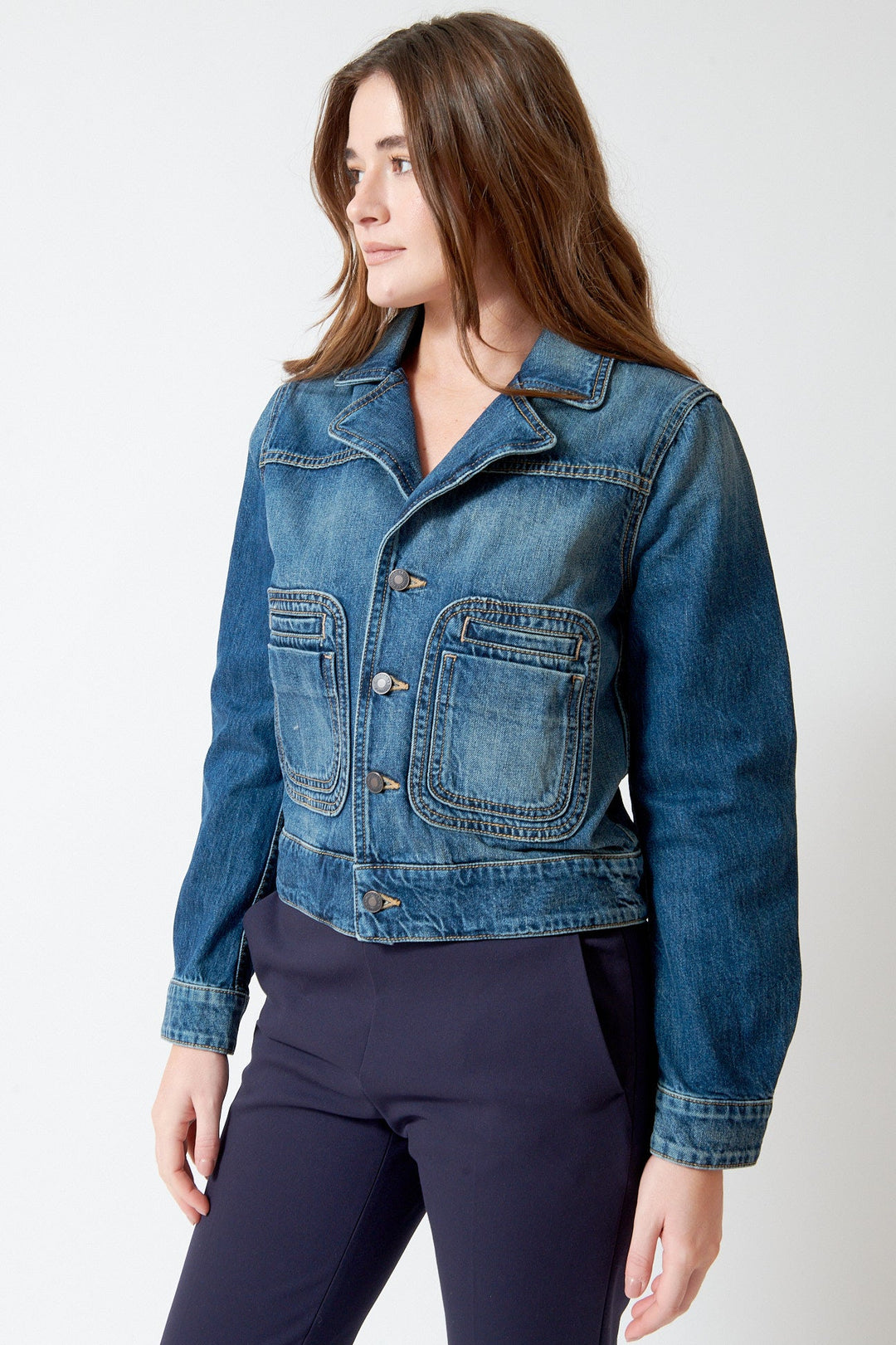 Julia wearing Nili Lotan Georgy Denim Jacket front view