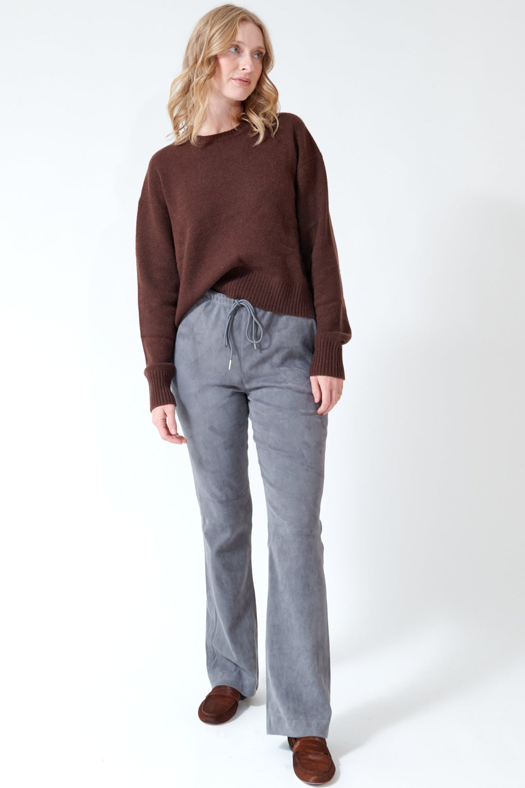 Madi wearing SPRWMN Drawstring Straight Leg Pants front view