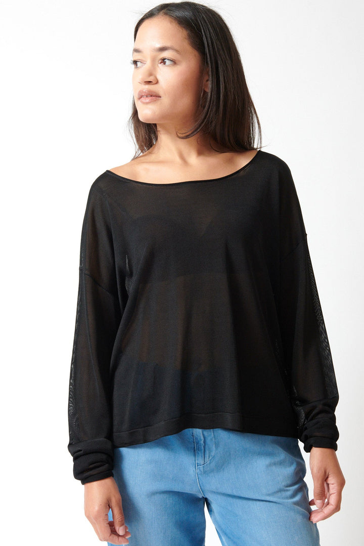 Amanda wearing SPRWMN Off Shoulder Sweater front view