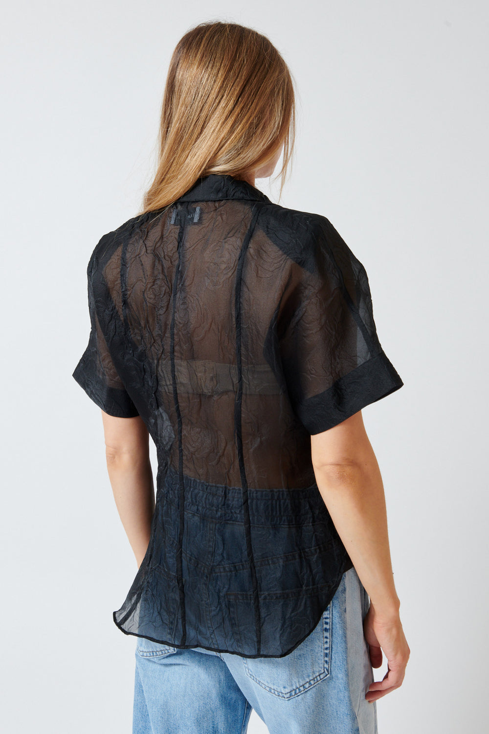 Mari wearing Southern French Shirt Black Rose rear view