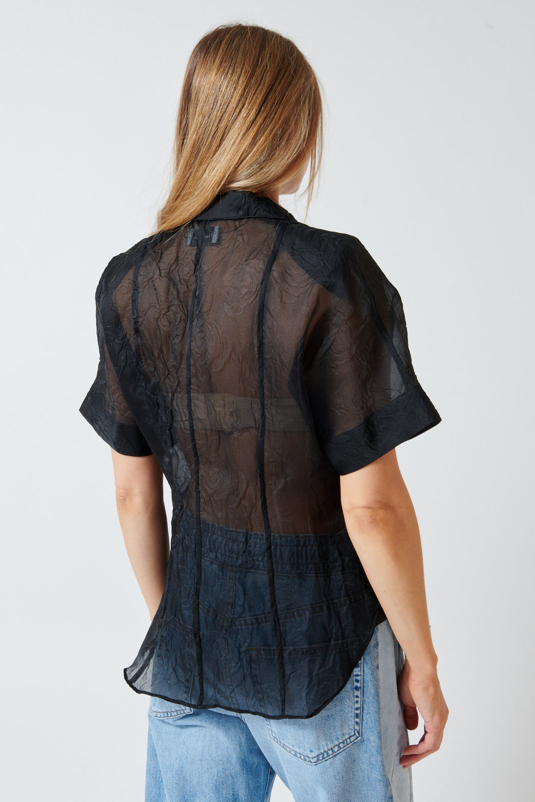 Mari wearing Southern French Shirt Black Rose rear view