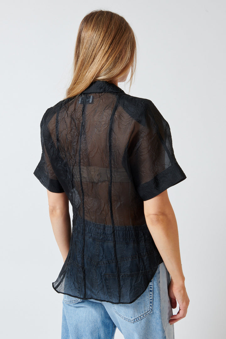 Mari wearing Southern French Shirt Black Rose rear view